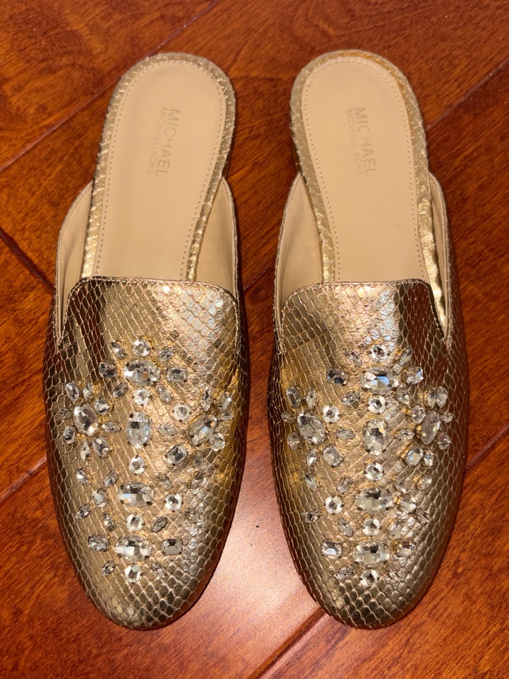 MICHAEL KORS Gold Embellished Jeweled Slip-On Snakeskin Mules